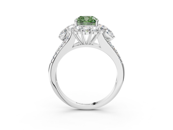 Platinum Fancy Green Cushion  Halo Split Shank Diamond Engagement Ring with Prong Setting