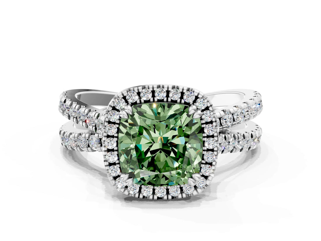 White gold Fancy Green Cushion  Halo Split Shank Diamond Ring with Pavé Setting_50
