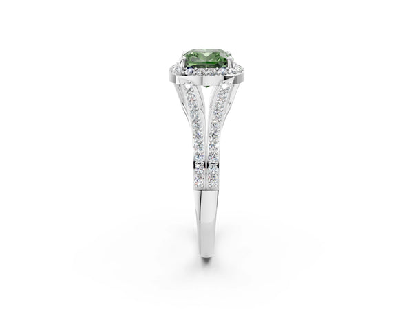 White gold Fancy Green Cushion  Halo Split Shank Pave Diamond Ring with Four-Prong Setting
