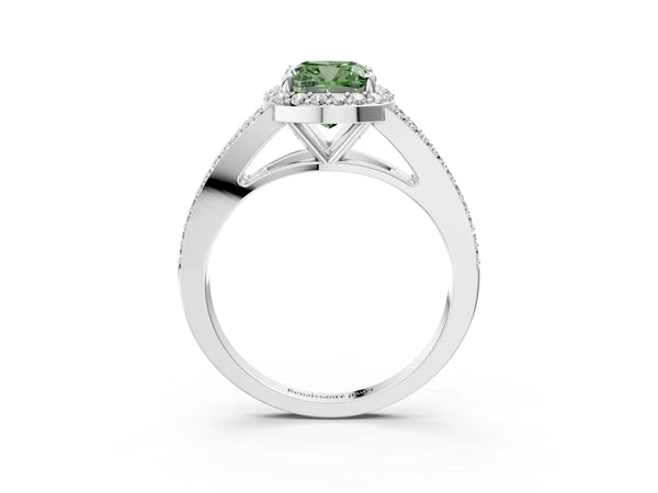 White gold Fancy Green Cushion  Halo Split Shank Pave Diamond Ring with Four-Prong Setting