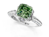White gold Fancy Green Cushion  Halo Split Shank Pave Diamond Ring with Petal Prong Setting_110