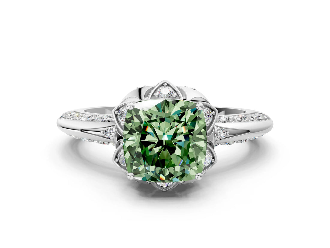 White gold Fancy Green Cushion  Halo Split Shank Pave Diamond Ring with Petal Prong Setting_113