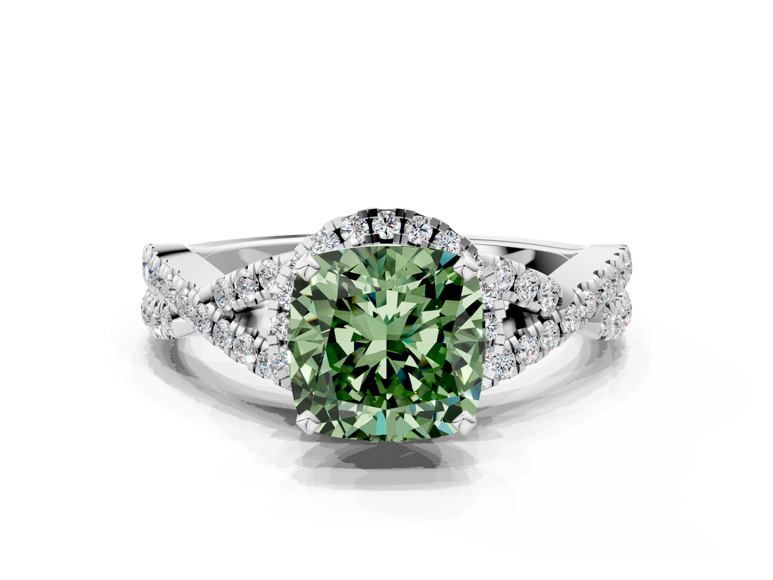 White gold Fancy Green Cushion  Halo Twist Band Solitaire Prong Setting Ring_93