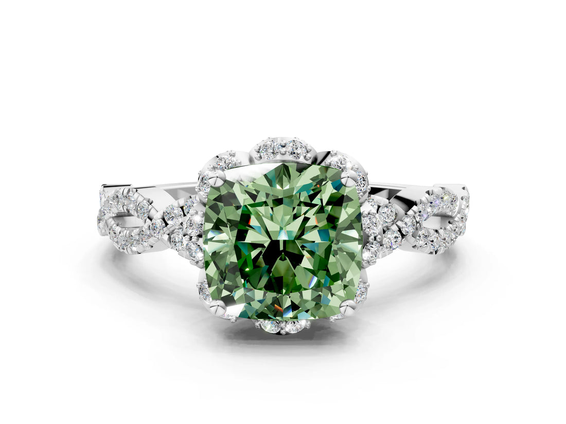 White gold Fancy Green Cushion  Halo Twist Band Solitaire Ring with Six-Prong Setting_37