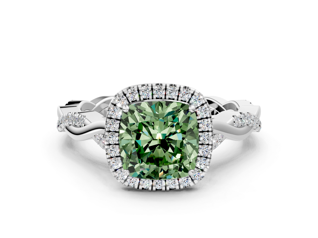 White gold Fancy Green Cushion  Halo Twist Band Solitaire Ring_20