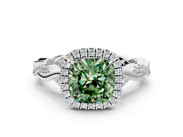 White gold Fancy Green Cushion  Halo Twist Band Solitaire Ring