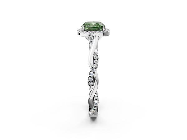 White gold Fancy Green Cushion  Halo Twist Band Solitaire Ring