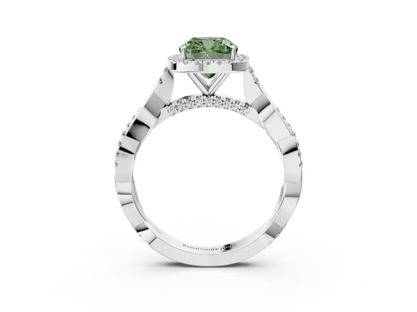White gold Fancy Green Cushion  Halo Twist Band Solitaire Ring
