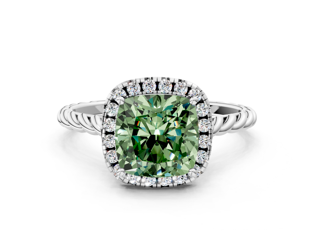 White gold Fancy Green Cushion  Halo Twisted Band Four-Prong Diamond Ring_20