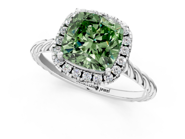 White gold Fancy Green Cushion  Halo Twisted Band Four-Prong Diamond Ring