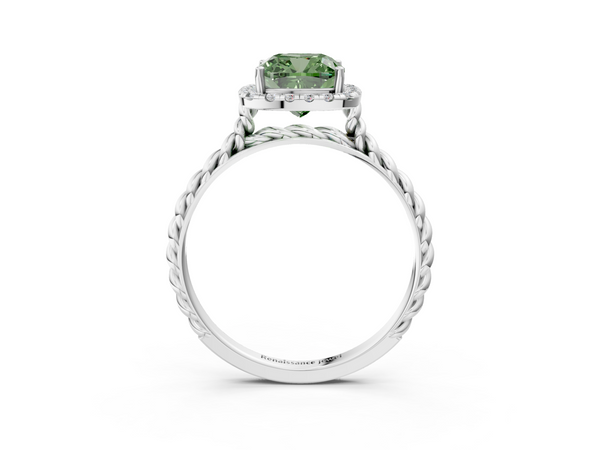 White gold Fancy Green Cushion  Halo Twisted Band Four-Prong Diamond Ring