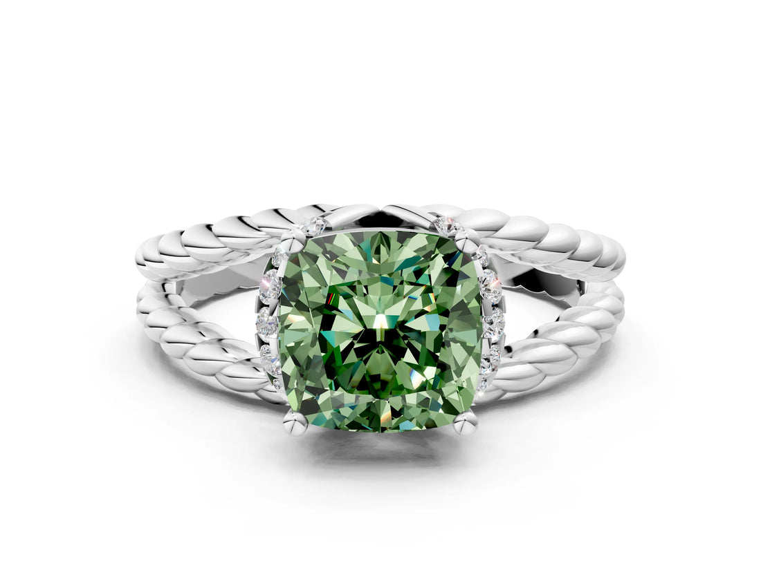 White gold Fancy Green Cushion  Halo Twisted Band Four-Prong Ring_32