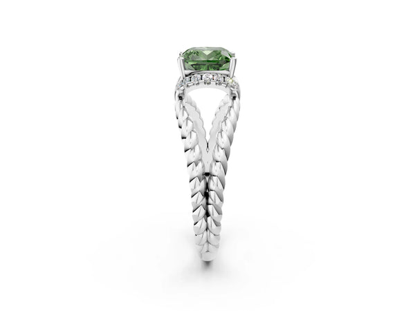 Platinum Fancy Green Cushion  Halo Twisted Band Four-Prong Ring