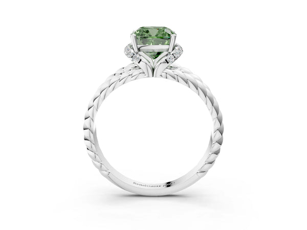 Platinum Fancy Green Cushion  Halo Twisted Band Four-Prong Ring