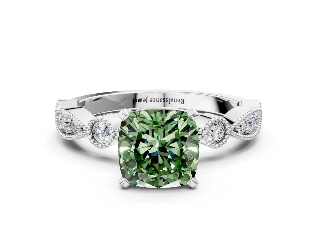 White gold Fancy Green Cushion  Milgrain Bezel Diamond Engagement Ring with Solitaire Prong Setting_172