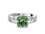 White gold Fancy Green Cushion  Milgrain Bezel Diamond Engagement Ring with Solitaire Prong Setting_172