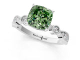 White gold Fancy Green Cushion  Milgrain Bezel Diamond Engagement Ring with Solitaire Prong Setting_173