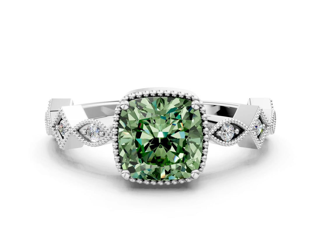 White gold Fancy Green Cushion  Milgrain Marquise Diamond Twist Band Ring_61