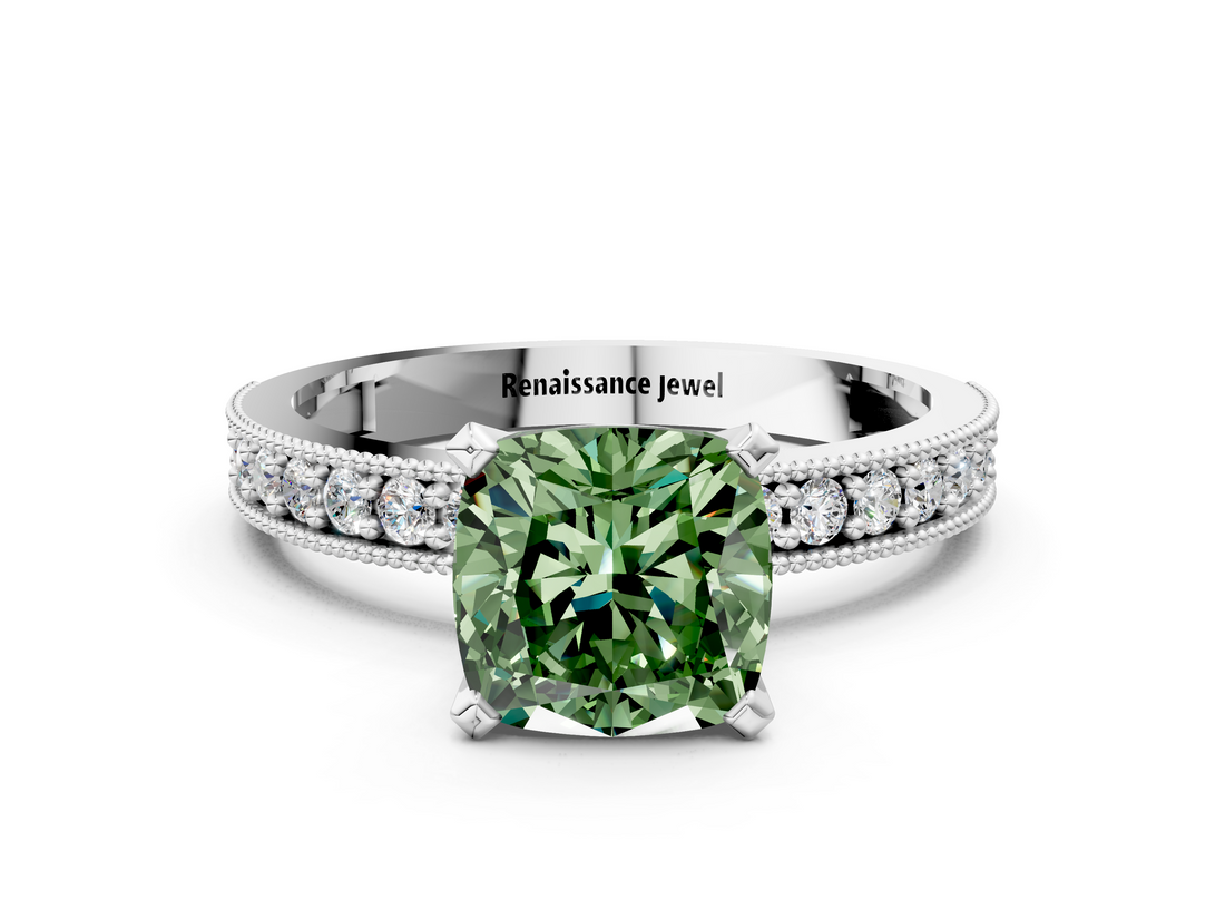 White gold Fancy Green Cushion  Milgrain Pave Diamond Engagement Ring with Four-Prong Setting_164