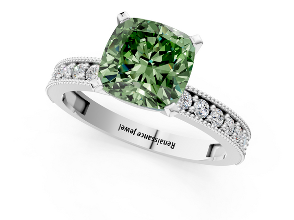 White gold Fancy Green Cushion Cut Diamond Milgrain Pavé Engagement Ring with Four-Prong Setting