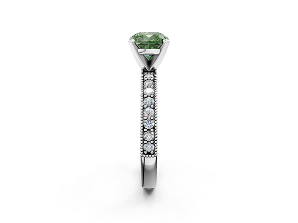 White gold Fancy Green Cushion Cut Diamond Milgrain Pavé Engagement Ring with Four-Prong Setting