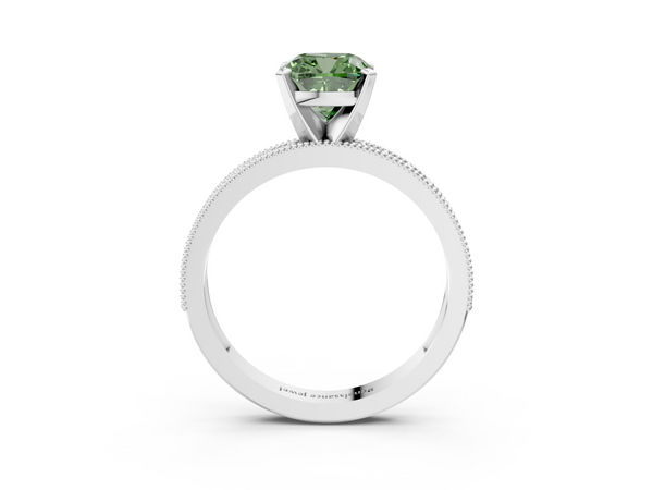 White gold Fancy Green Cushion Cut Diamond Milgrain Pavé Engagement Ring with Four-Prong Setting