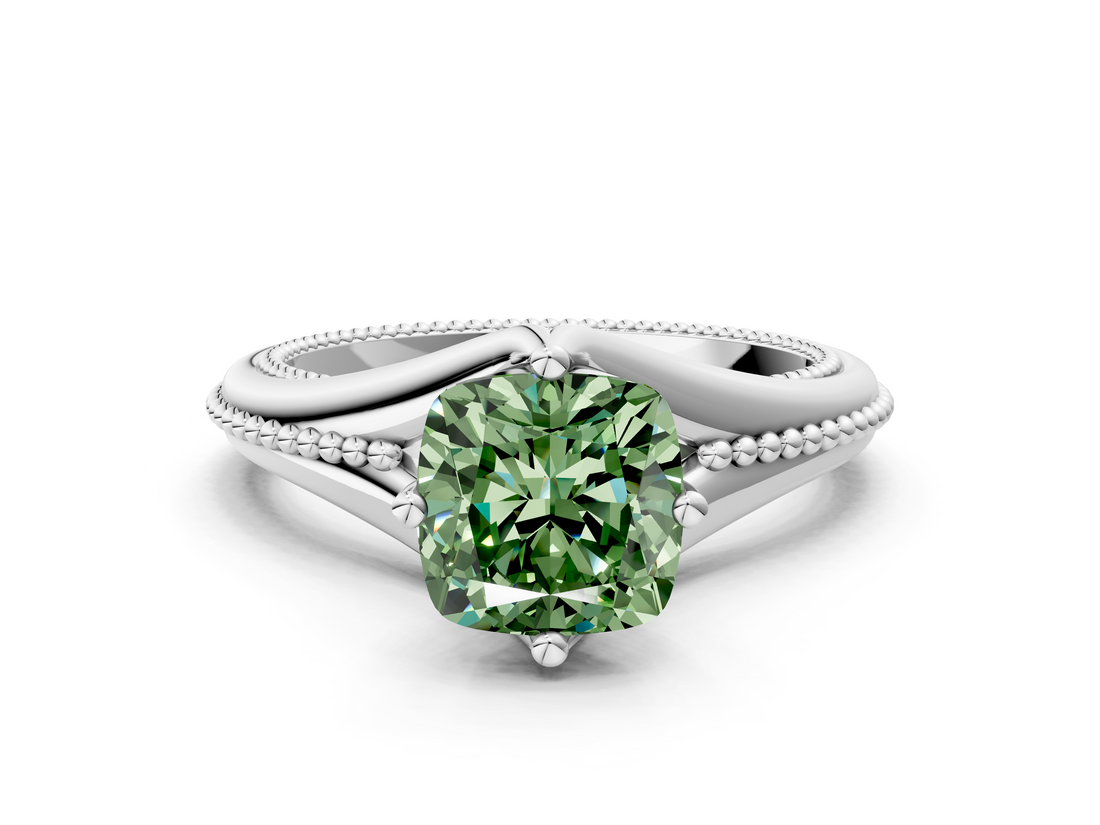 White gold Fancy Green Cushion  Solitaire Beaded Band Six-Prong Setting
