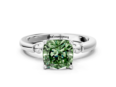 White gold Fancy Green Cushion  Solitaire Beaded Band with Four-Prong Setting_59