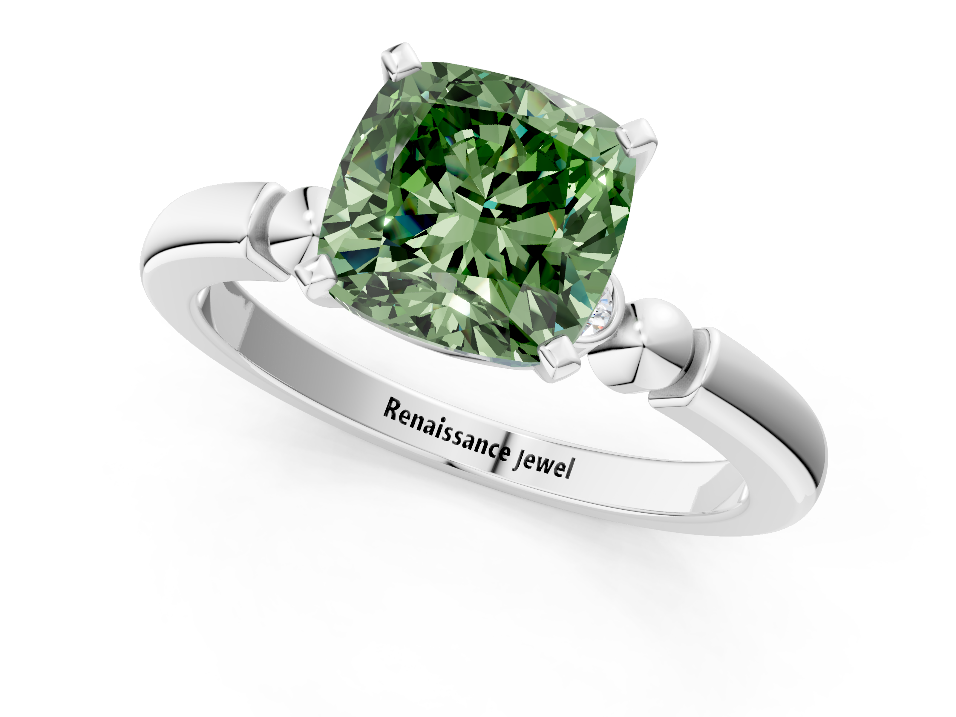 White gold Fancy Green Cushion  Solitaire Beaded Band with Four-Prong Setting_60