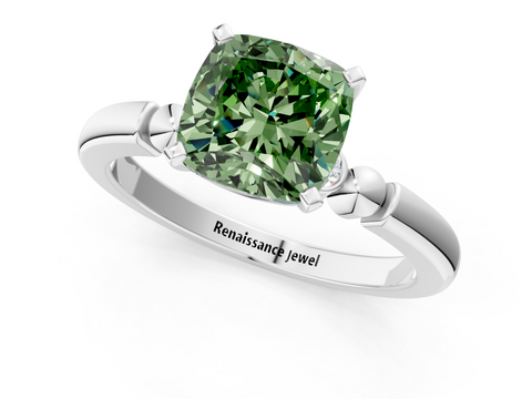 White gold Fancy Green Cushion  Solitaire Beaded Band with Four-Prong Setting_60
