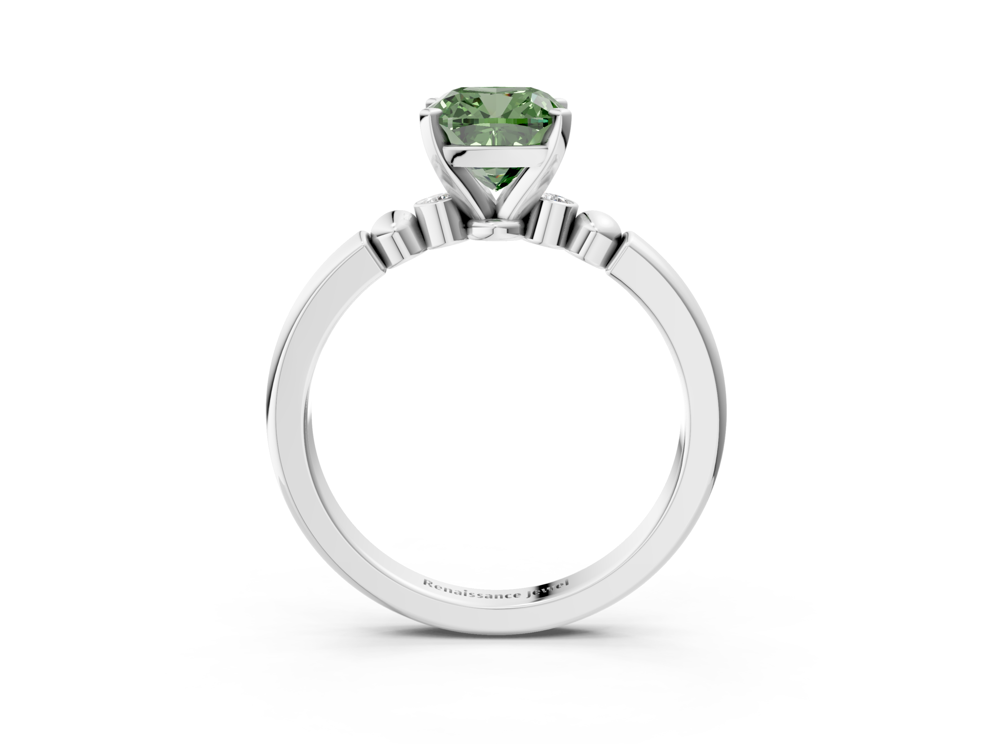 White gold Fancy Green Cushion  Solitaire Beaded Band with Four-Prong Setting_62