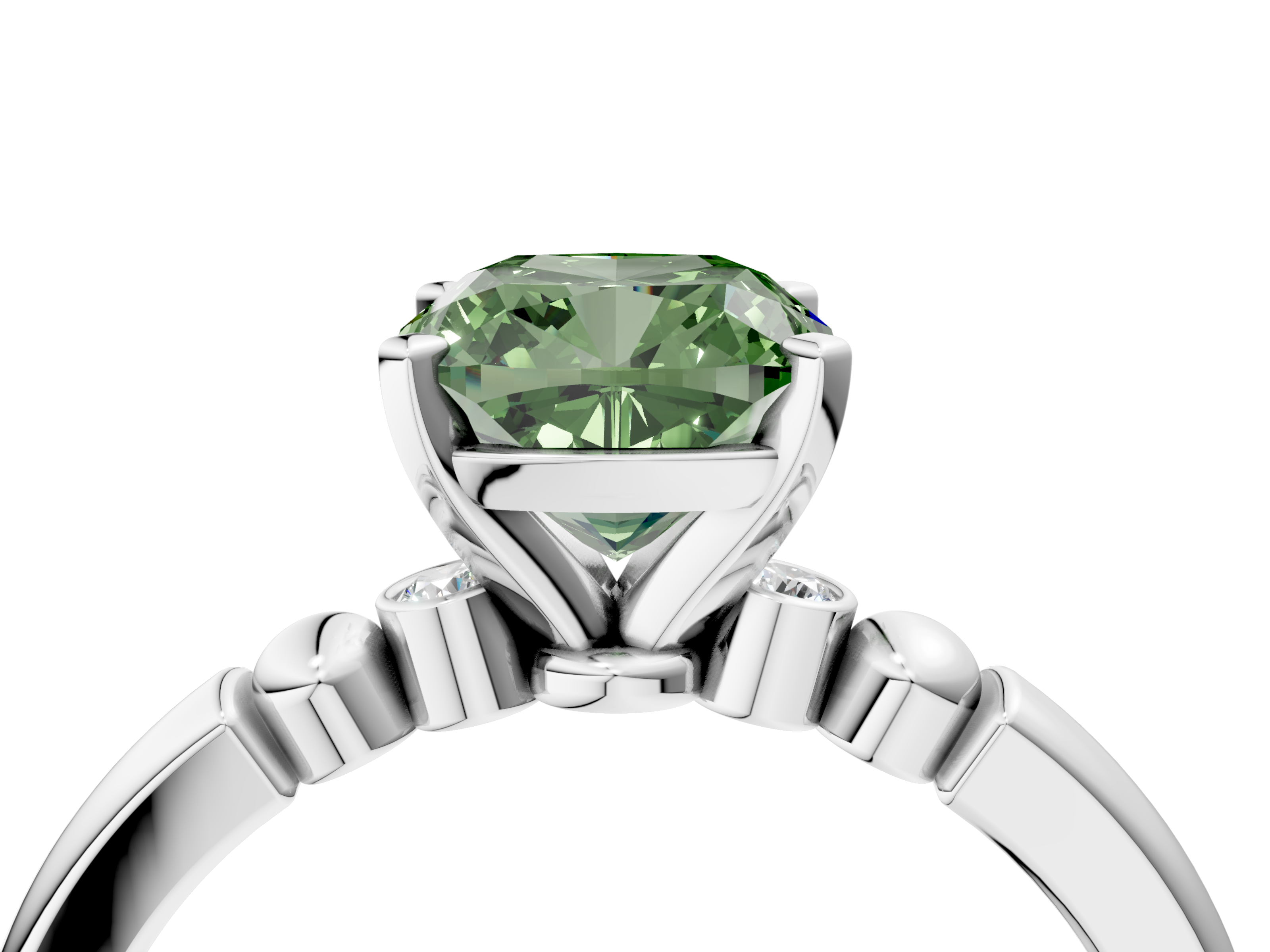 White gold Fancy Green Cushion  Solitaire Beaded Band with Four-Prong Setting_63