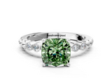 White gold Fancy Green Cushion  Solitaire Bezel Accent Diamond Engagement Ring with Beaded Band and Four-Prong Setting_23