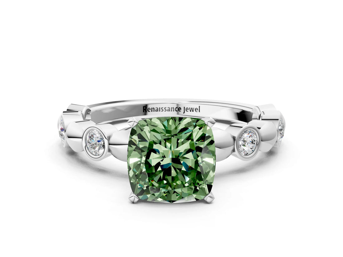 White gold Fancy Green Cushion  Solitaire Bezel-Set Diamond Ring with Beaded Band and Four-Prong Setting_32