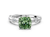 White gold Fancy Green Cushion  Solitaire Bezel-Set Diamond Ring with Beaded Band and Four-Prong Setting_32