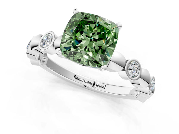 White gold Fancy Green Cushion  Solitaire Bezel-Set Diamond Ring with Beaded Band and Four-Prong Setting