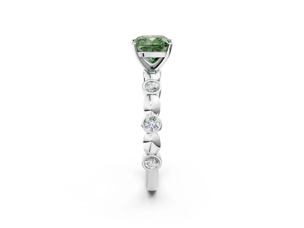 White gold Fancy Green Cushion  Solitaire Bezel-Set Diamond Ring with Beaded Band and Four-Prong Setting