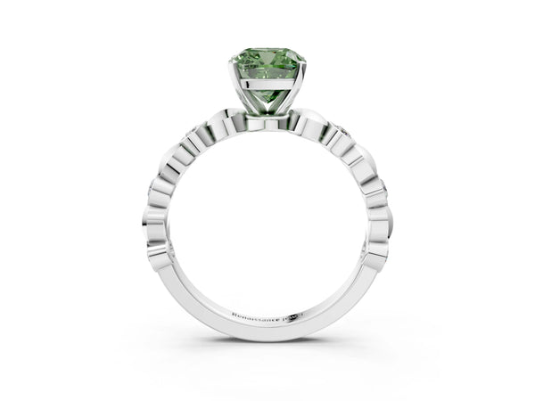 White gold Fancy Green Cushion  Solitaire Bezel-Set Diamond Ring with Beaded Band and Four-Prong Setting