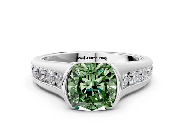White gold Fancy Green Cushion  Solitaire Bezel-Set Diamond Ring with Channel-Set Band