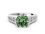White gold Fancy Green Cushion  Solitaire Bezel-Set Diamond Ring with Channel-Set Band_37