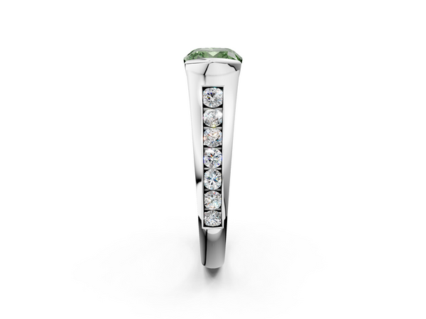 White gold Fancy Green Cushion  Solitaire Bezel-Set Diamond Ring with Channel-Set Band