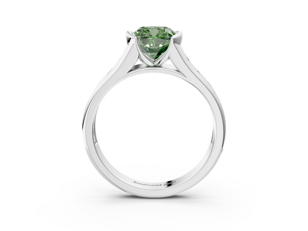 White gold Fancy Green Cushion  Solitaire Bezel-Set Diamond Ring with Channel-Set Band
