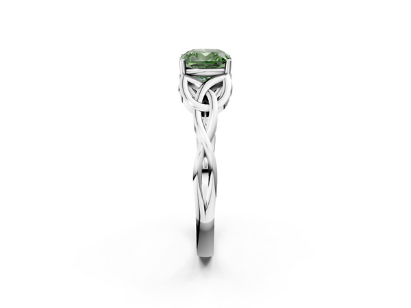 White gold Fancy Green Cushion Cut Diamond Solitaire Engagement Ring with Celtic Knot Band and Four-Prong Setting