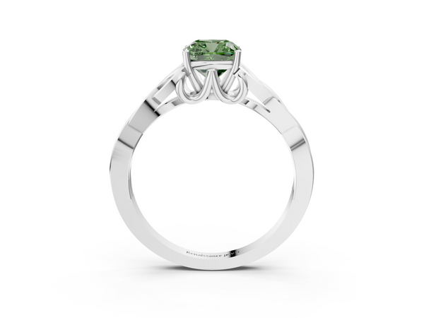 White gold Fancy Green Cushion Cut Diamond Solitaire Engagement Ring with Celtic Knot Band and Four-Prong Setting
