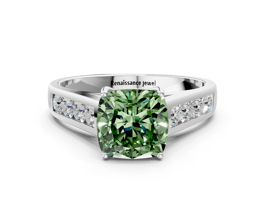 White gold Fancy Green Cushion  Solitaire Channel-Set Diamond Engagement Ring with Four-Prong Setting_32