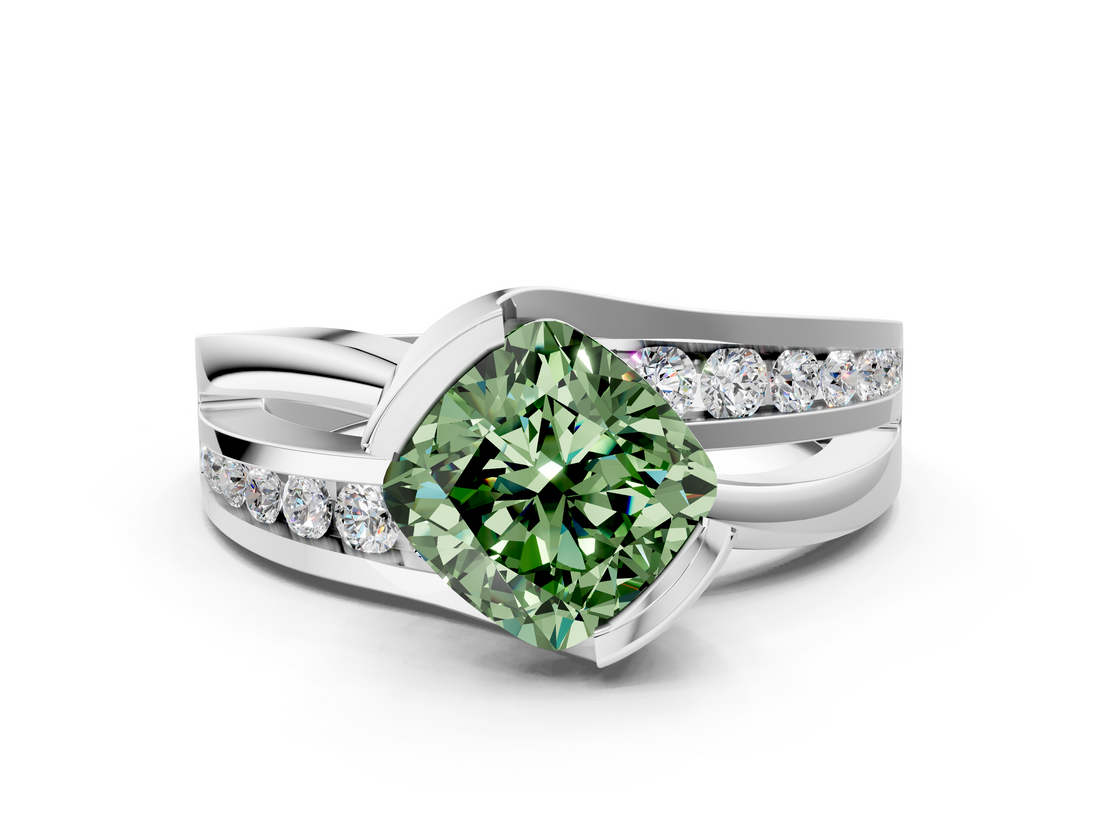 White gold Fancy Green Cushion  Solitaire Channel-Set Split Shank Ring with Tension Prong Setting_3