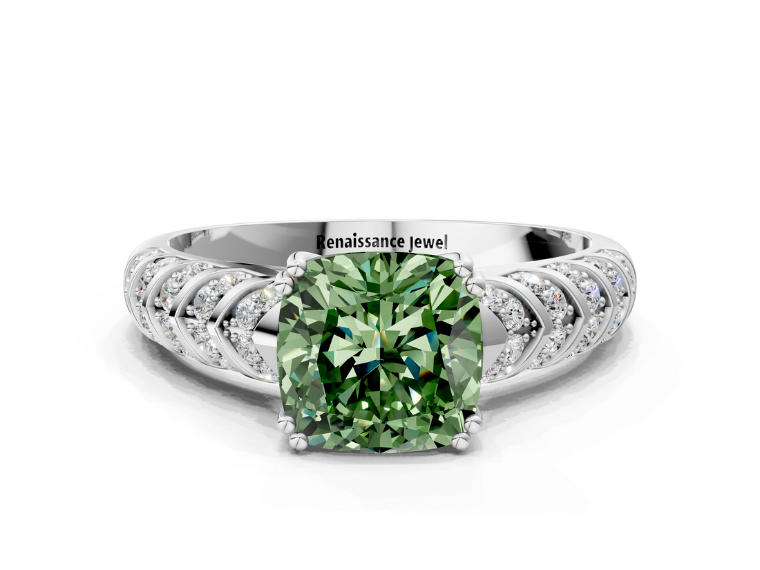 White gold Fancy Green Cushion  Solitaire Chevron Pave Diamond Engagement Ring with Six-Prong Setting_3