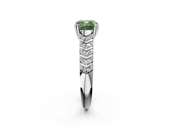 White gold Fancy Green Cushion  Solitaire Chevron Pave Diamond Engagement Ring with Six-Prong Setting