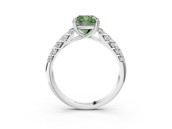 White gold Fancy Green Cushion  Solitaire Chevron Pave Diamond Engagement Ring with Six-Prong Setting