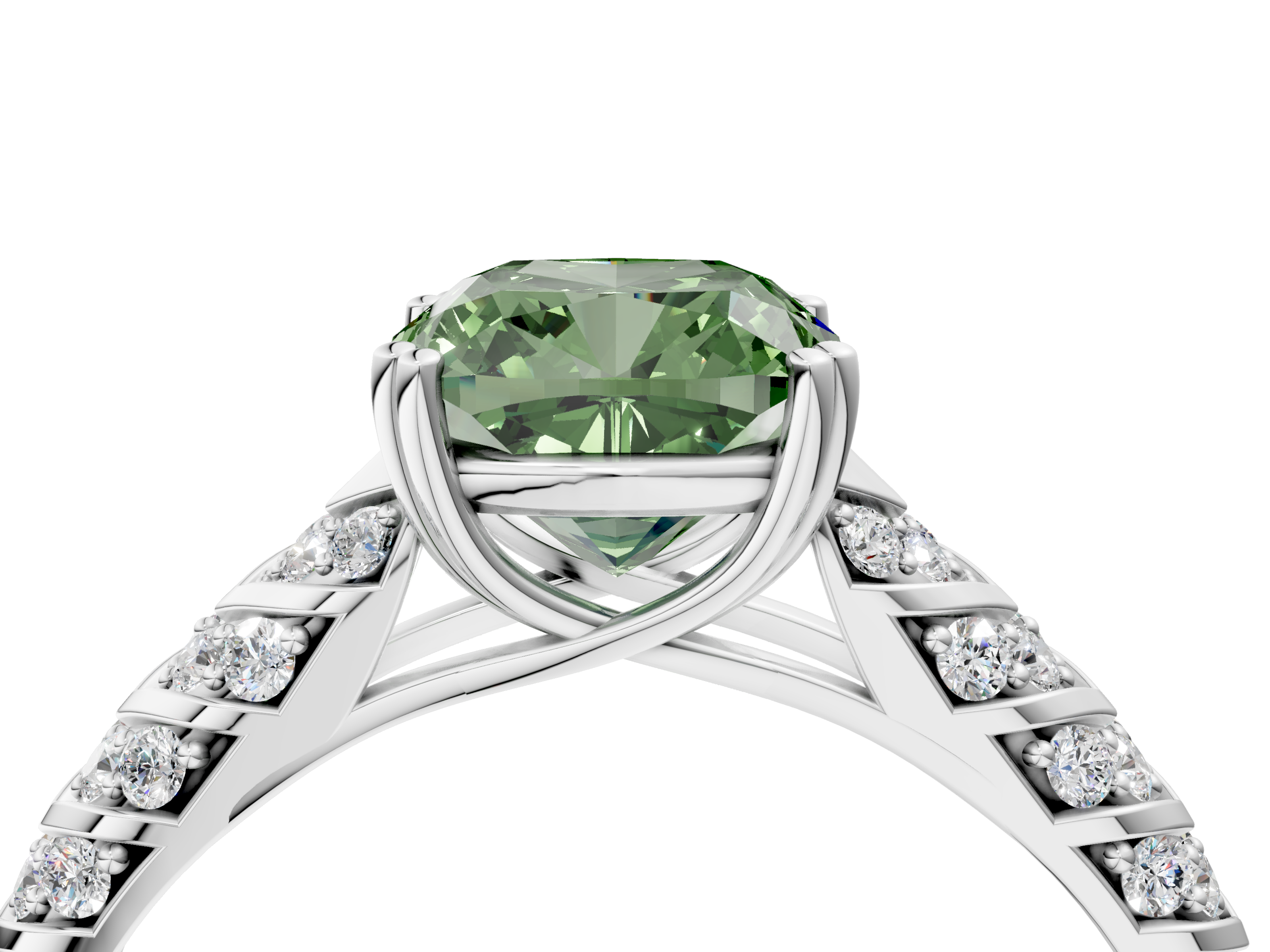 White gold Fancy Green Cushion  Solitaire Chevron Pave Diamond Engagement Ring with Six-Prong Setting_7